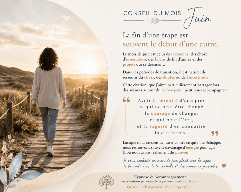 Transition et Lâcher-prise : Conseil Hypnose de Juin Femme sur un chemin vers le soleil. Texte : conseil de juin sur la transition, le lâcher-prise et la sérénité.
